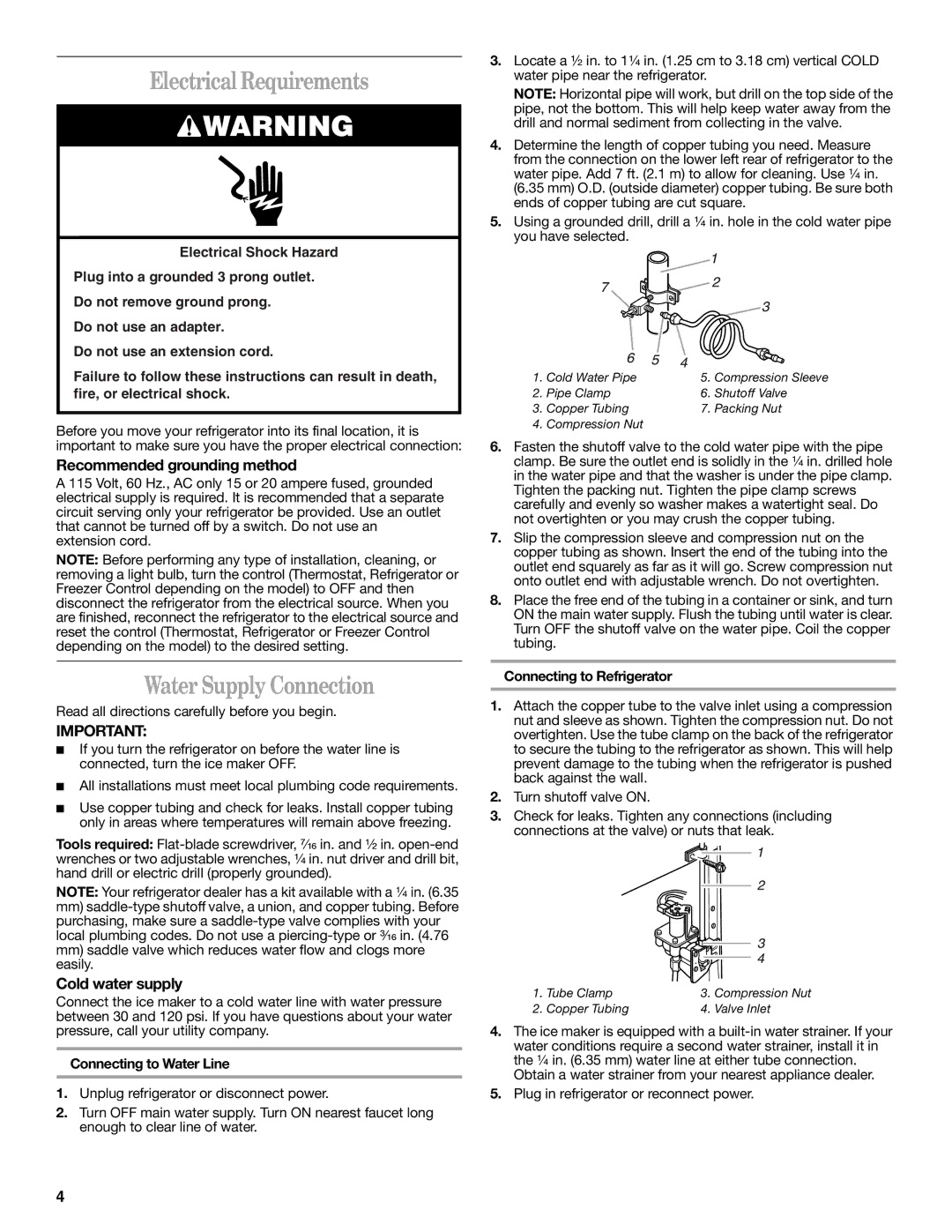 Whirlpool GR2SHTXKQ01 Electrical Requirements, Water Supply Connection, Recommended grounding method, Cold water supply 