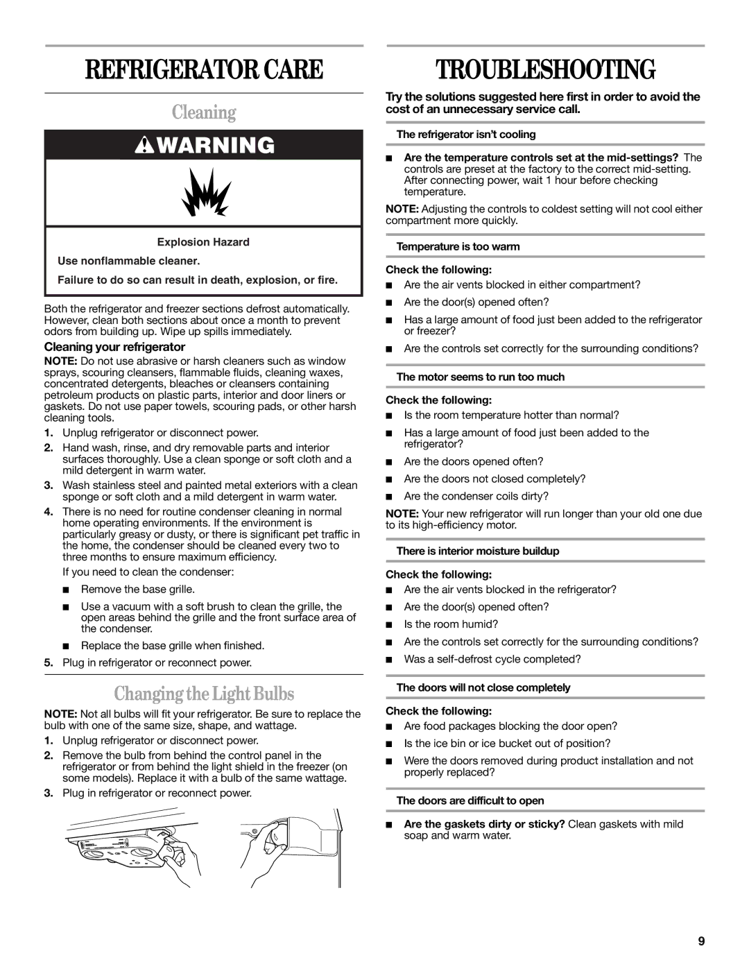 Whirlpool GR2SHTXKS00 warranty Refrigerator Care, Troubleshooting, Changing the Light Bulbs, Cleaning your refrigerator 