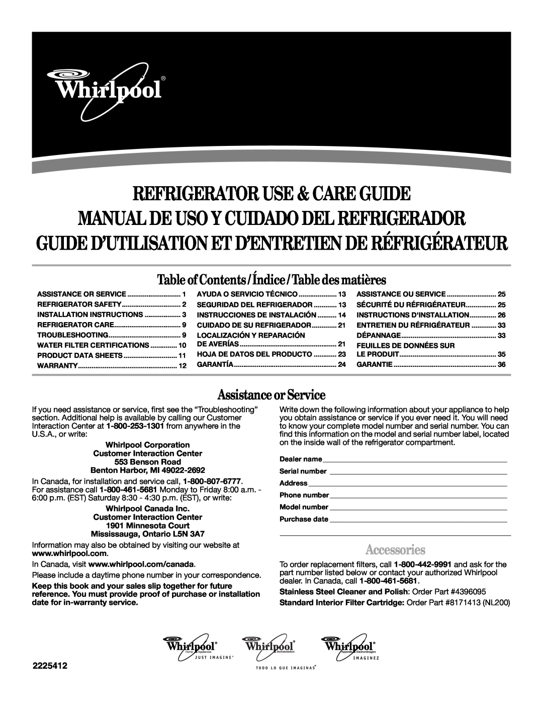 Whirlpool GR2SHTXKT00 warranty Refrigerator Use & Care Guide, Manual De Uso Y Cuidado Del Refrigerador, Accessories 