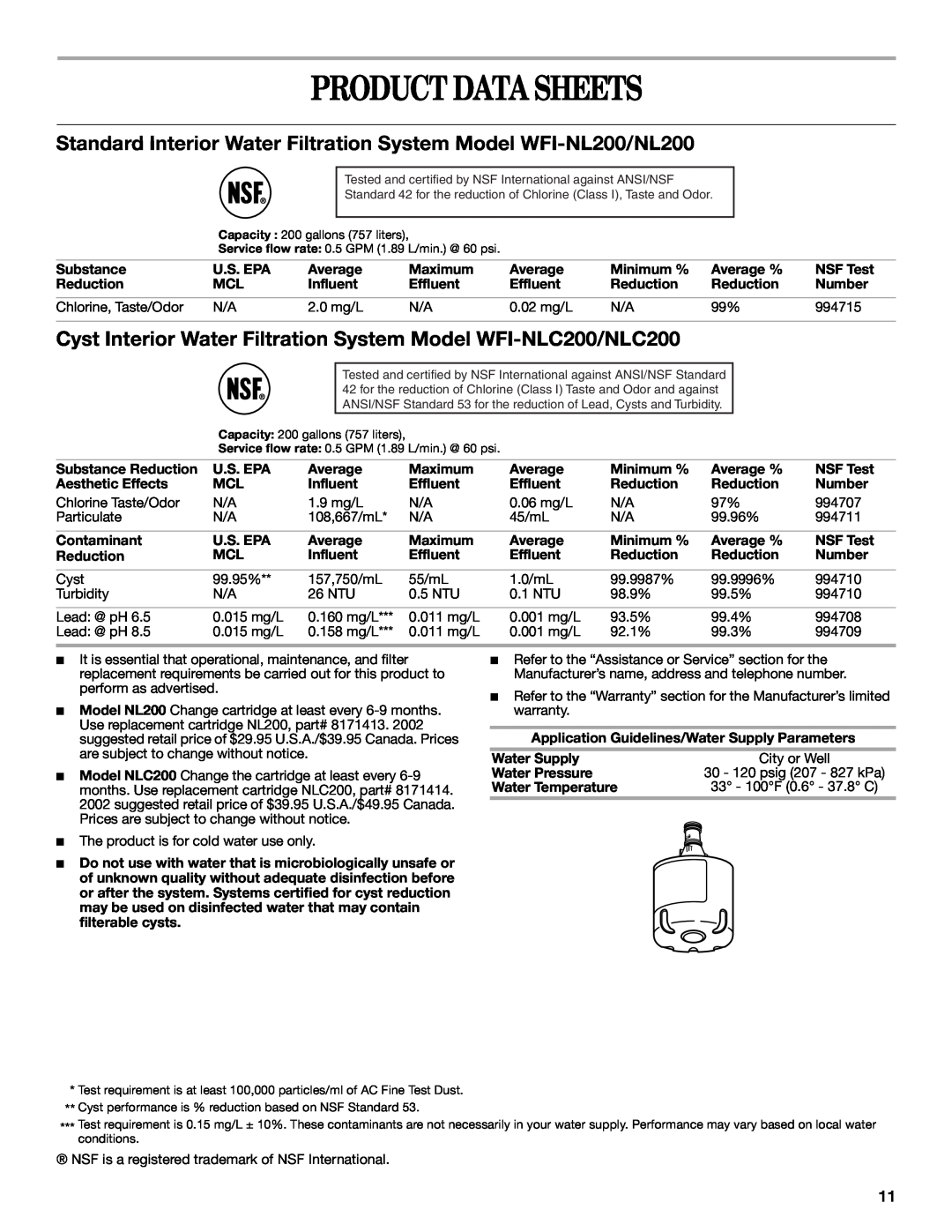 Whirlpool GR2SHTXKS02 Product Data Sheets, Standard Interior Water Filtration System Model WFI-NL200/NL200, Substance 