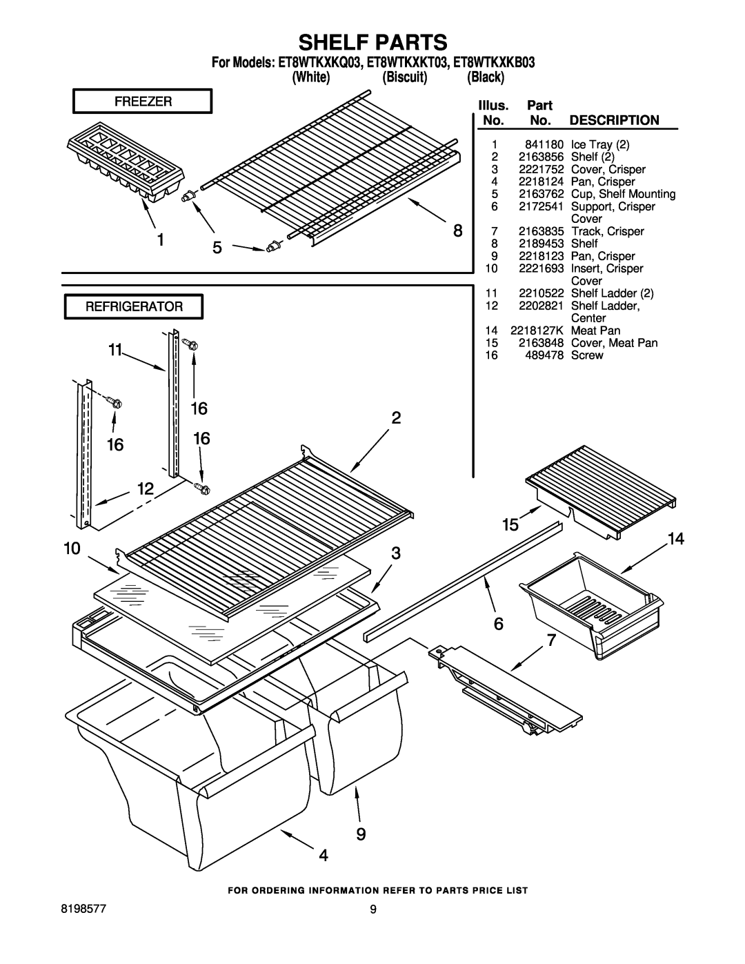 Whirlpool manual Shelf Parts, For Models ET8WTKXKQ03, ET8WTKXKT03, ET8WTKXKB03, White Biscuit Black, Illus, Description 