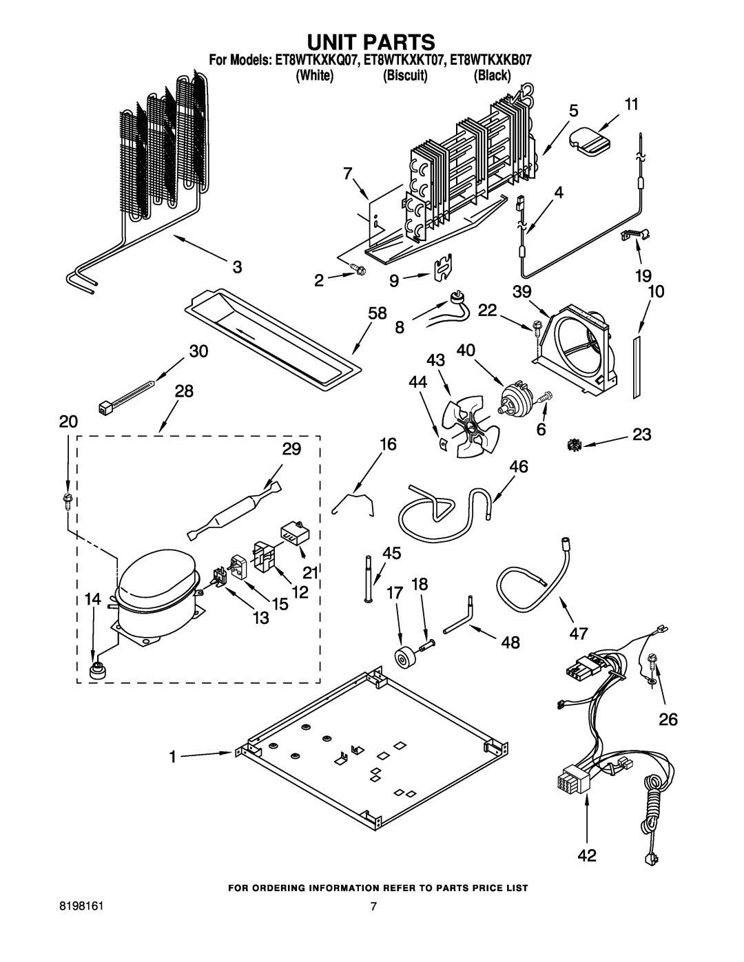 Whirlpool manual Unit Parts, For Models ET8WTKXKQ07, ET8WTKXKT07, ET8WTKXKB07 White Biscuit Black 
