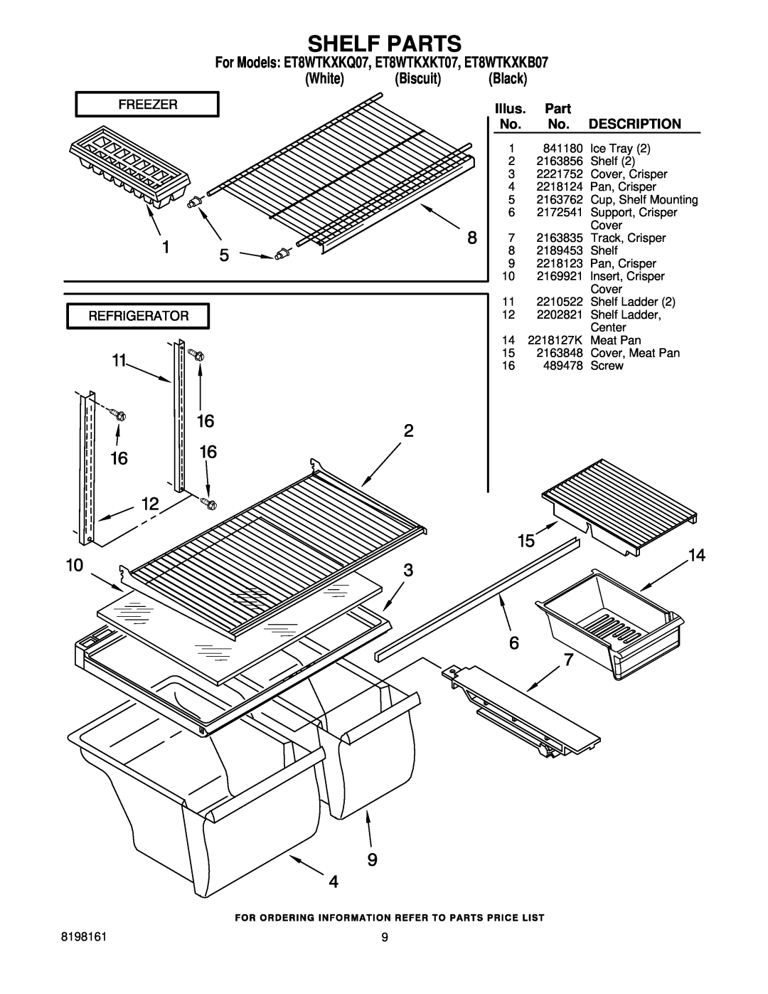 Whirlpool manual Shelf Parts, For Models ET8WTKXKQ07, ET8WTKXKT07, ET8WTKXKB07 White Biscuit Black 