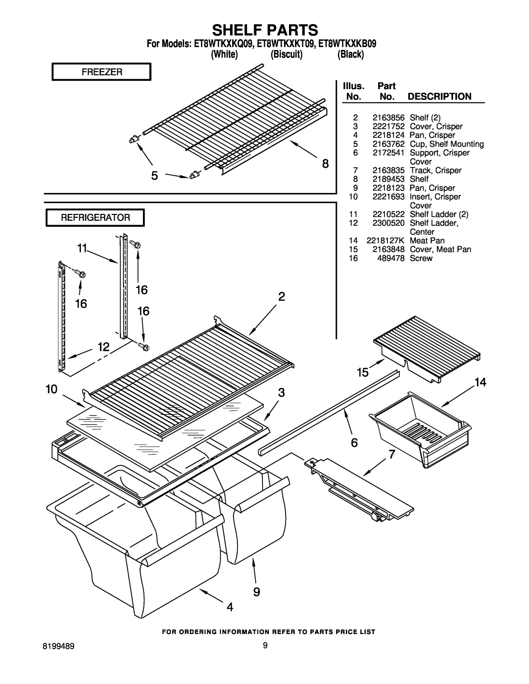 Whirlpool manual Shelf Parts, For Models ET8WTKXKQ09, ET8WTKXKT09, ET8WTKXKB09 White Biscuit Black, Illus, Description 