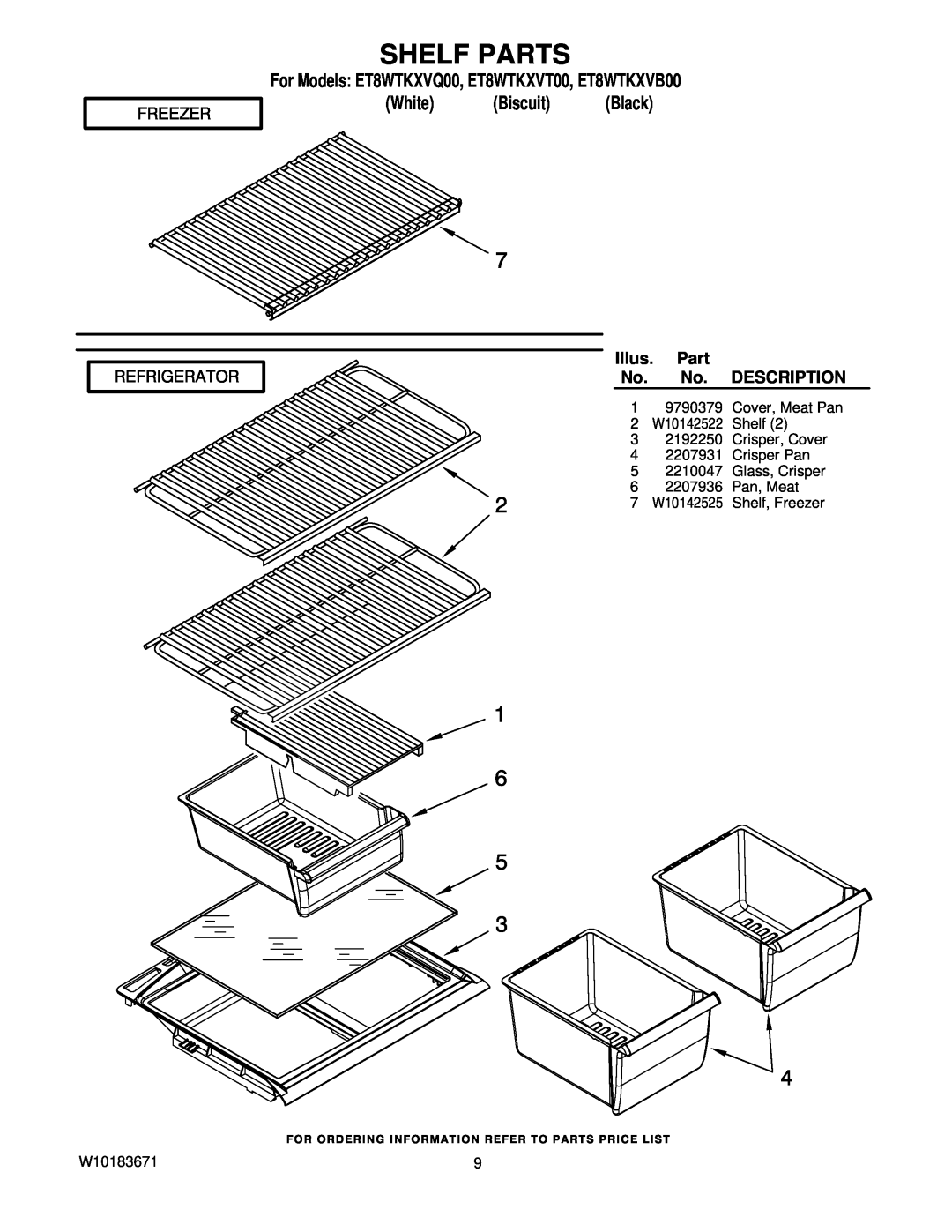 Whirlpool Shelf Parts, Illus. Part, For Models ET8WTKXVQ00, ET8WTKXVT00, ET8WTKXVB00 White Biscuit Black, Description 