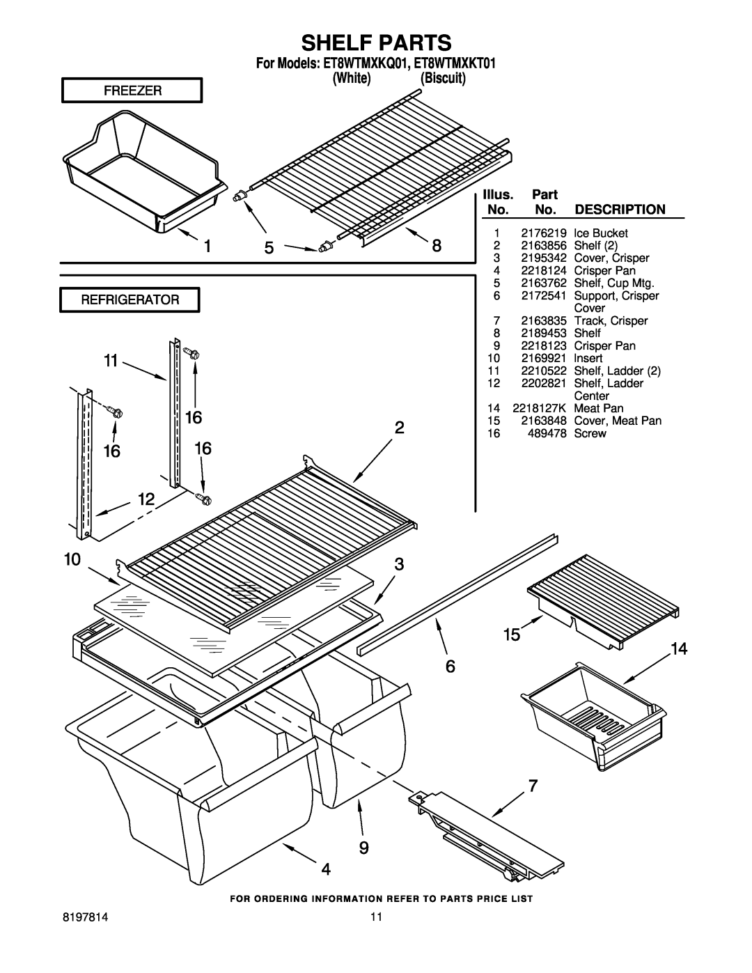 Whirlpool manual Shelf Parts, For Models ET8WTMXKQ01, ET8WTMXKT01, White Biscuit 