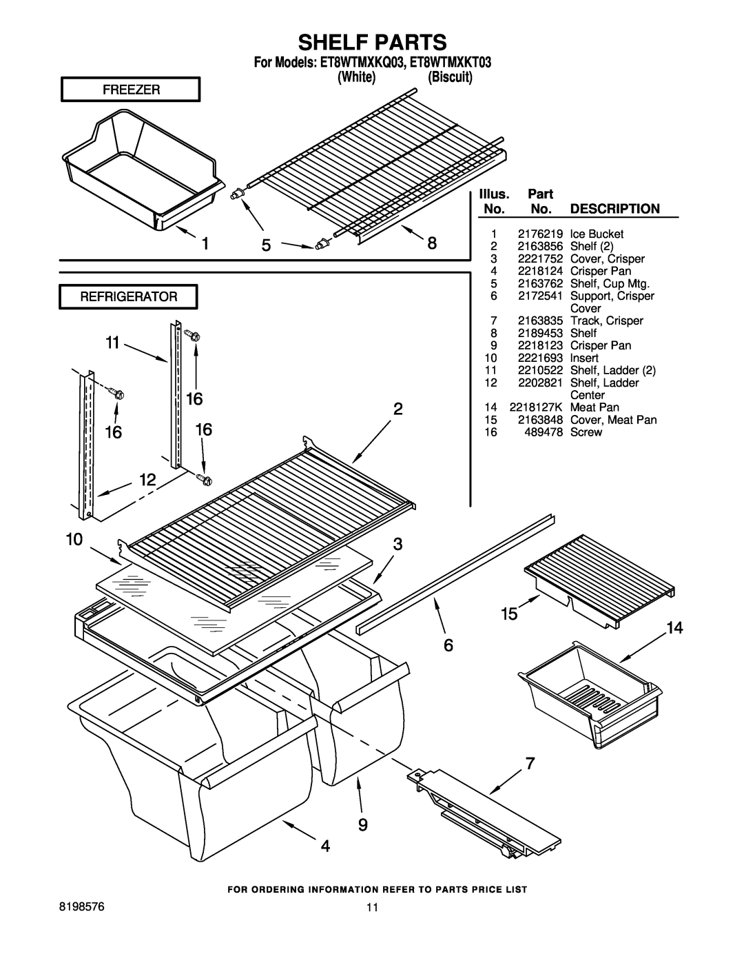 Whirlpool manual Shelf Parts, For Models ET8WTMXKQ03, ET8WTMXKT03 White Biscuit 