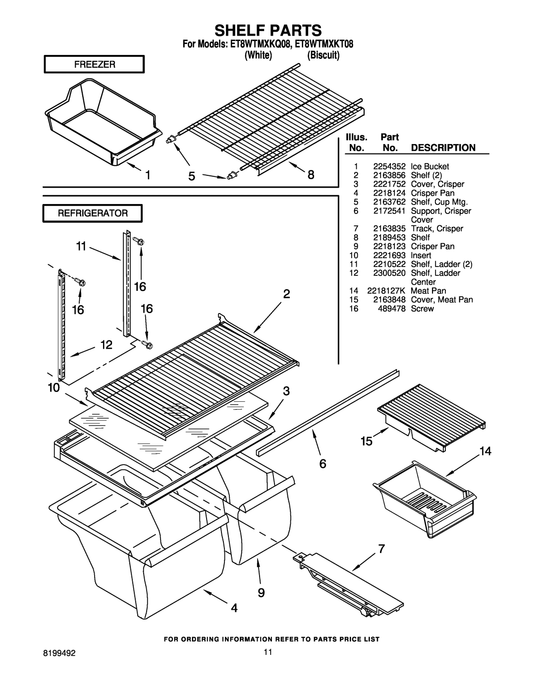 Whirlpool manual Shelf Parts, Description, For Models ET8WTMXKQ08, ET8WTMXKT08, White Biscuit, Illus 