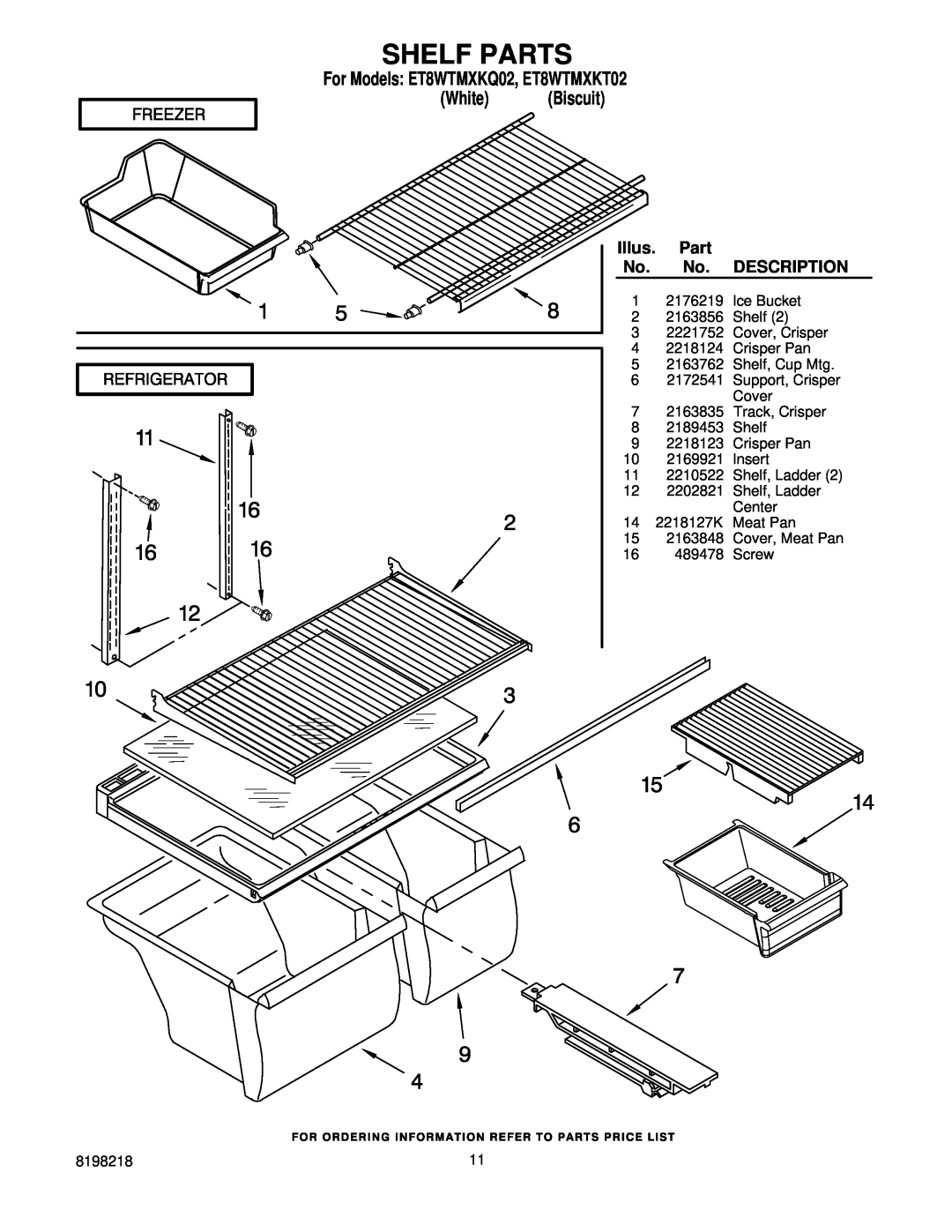 Whirlpool manual Shelf Parts, Illus, Description, For Models ET8WTMXKQ02, ET8WTMXKT02 White Biscuit 