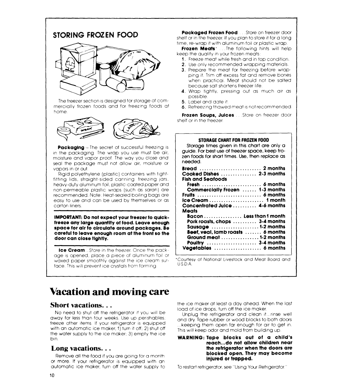 Whirlpool ETIGEK manual Vacation and moving care, Short vacations, Long vacations, Storagechartforfrozenfood 