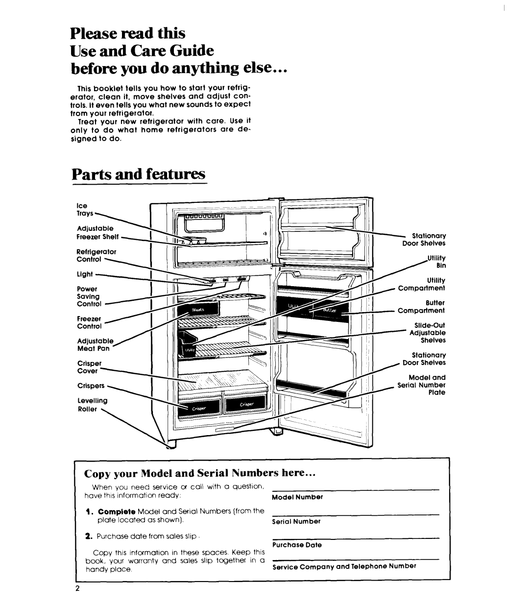 Whirlpool ETIGEK manual Before you do anything else, Parts and feature-s, Copy your Model and Serial Numbers here 