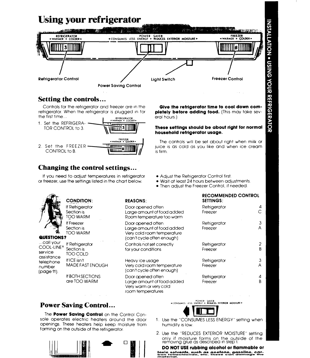 Whirlpool ETIGEK manual Usim vour refrigerator, Setting the controls, Changing the control settings, Power Saving Control 