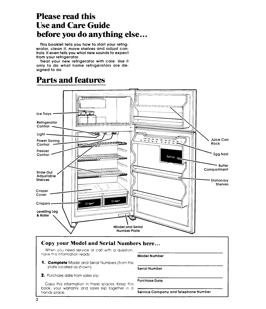 Whirlpool ETIGJK manual Before you do anything else, Parts and features, Copy your Model and Serial Numbers, Here 