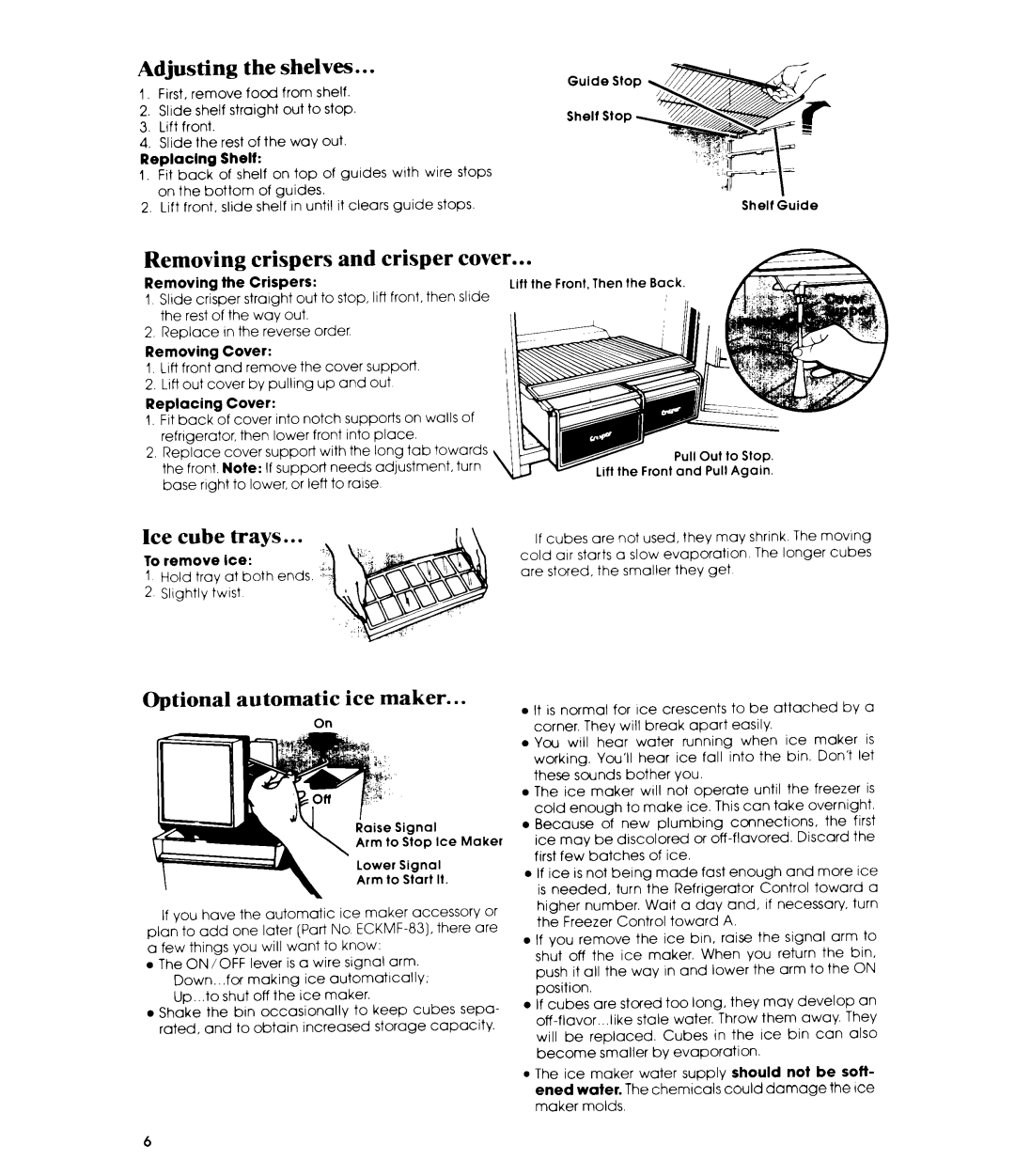 Whirlpool ETIGJK Adjusting the shelves, Removing crispers and crisper cover, Ice cube trays, Optional automatic ice maker 