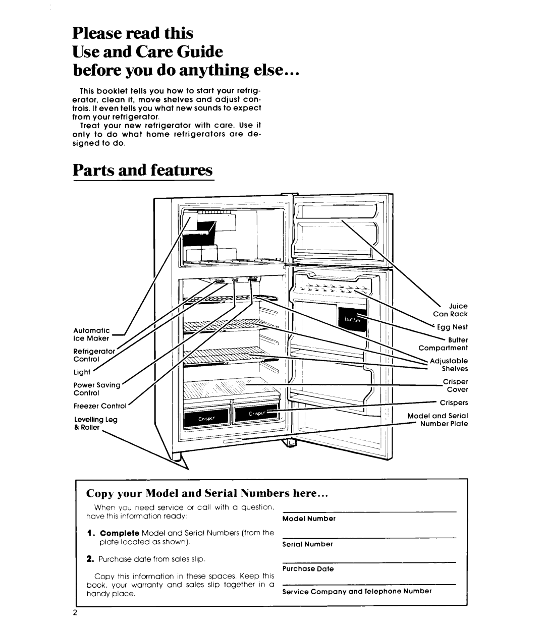 Whirlpool ETIGJM manual Before you do anything else, Parts and features, Copy your Model and Serial Numbers here 