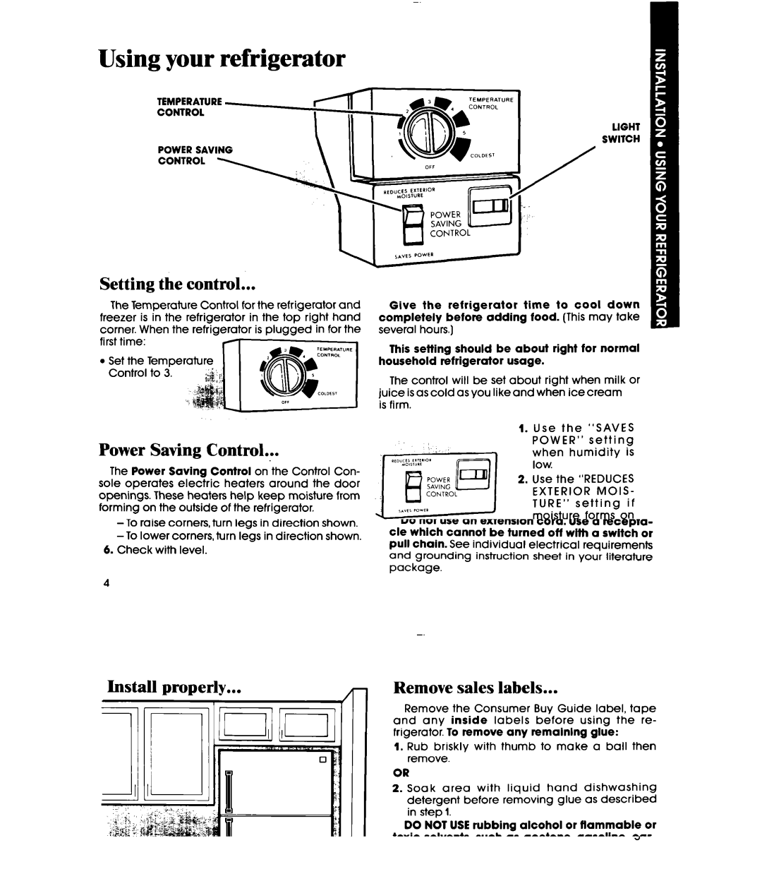 Whirlpool ETl2CC manual Using your refrigerator, Setting the control, Power Saving Control, Changing the light bulbs 