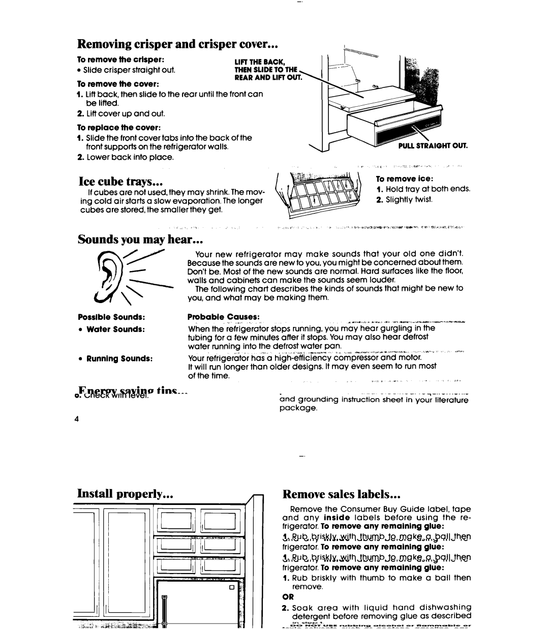 Whirlpool ETl2CC Removing crisper and crisper cover, Ice cube trays, Sounds you may hear, Energy saving tips, Lifttheback 