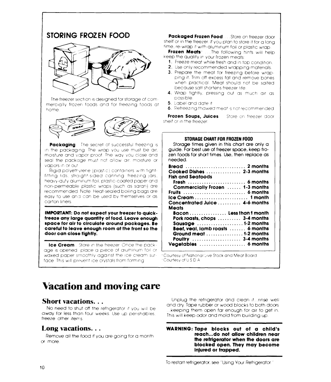 Whirlpool ETl2EC manual Vacation and moving care, Storing Frozen Food, Short vacations, Long vacations 