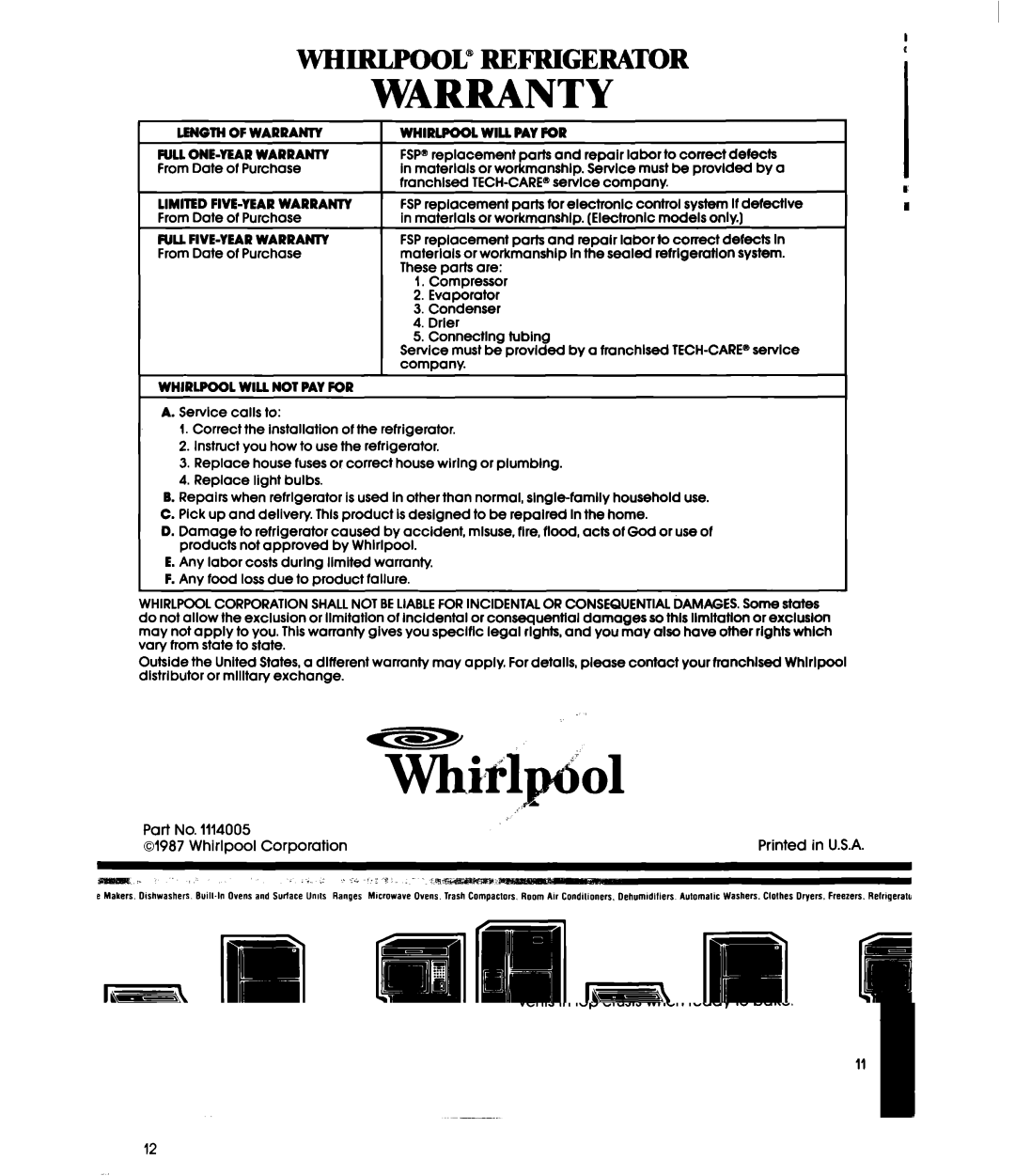 Whirlpool ETl2NC manual Warranty 