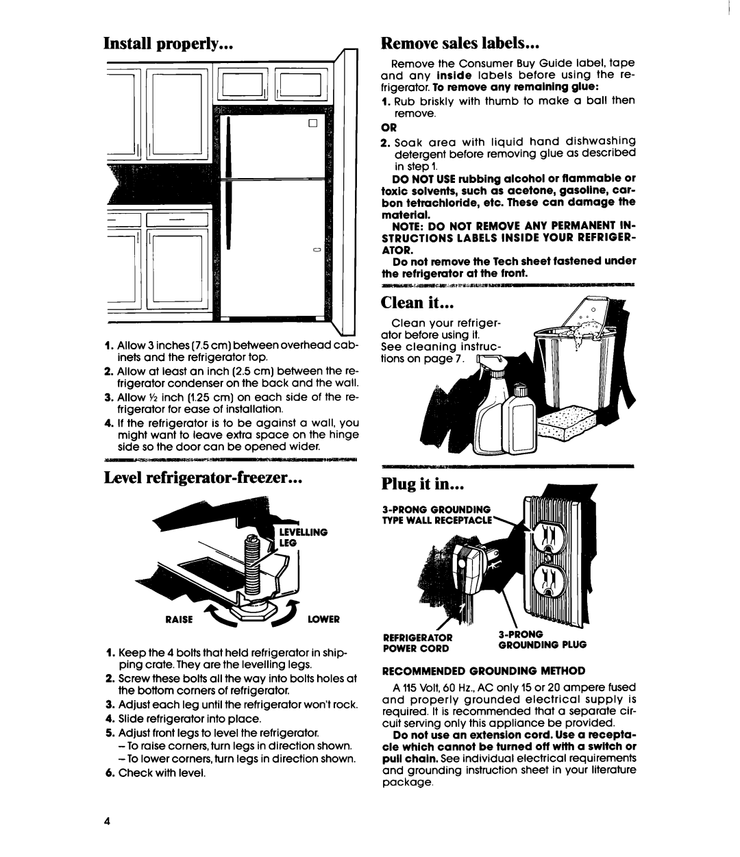 Whirlpool ETl2NC manual Install properly Remove sales labels, Level refrigerator-freezer, Clean it, Lung 