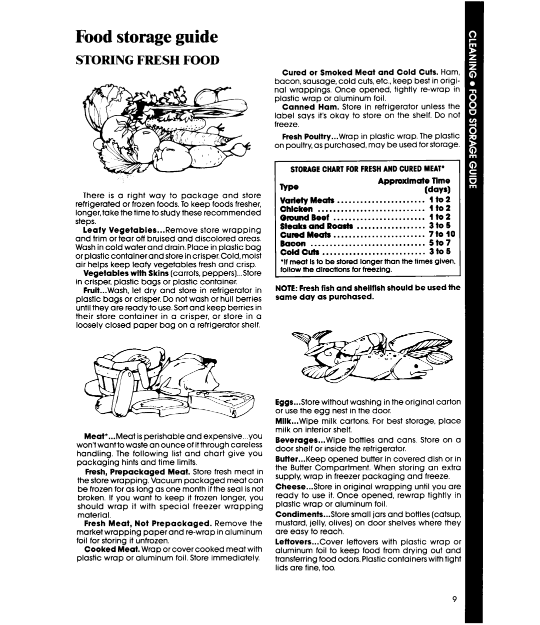 Whirlpool ETl2NC manual Food storage guide, STORAGECHARTFORFRESHAN0 CUREDMEAT’ 