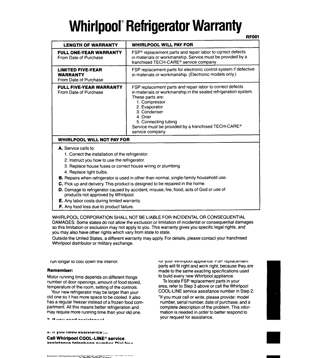 Whirlpool ETl4CC manual WhirlpoolRefrigeratorWarranty 