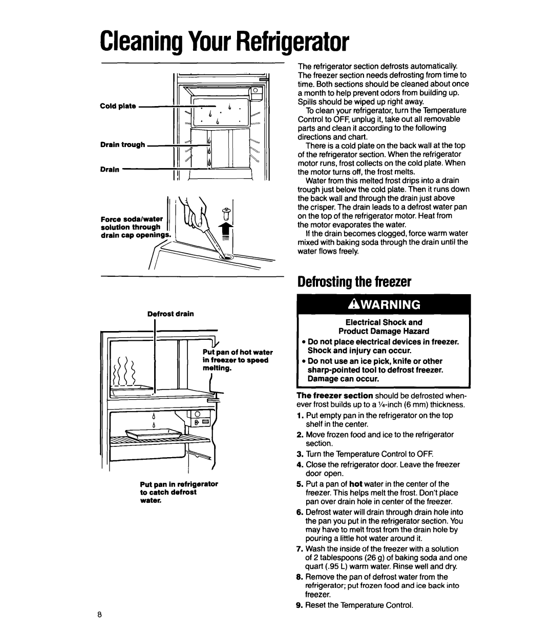 Whirlpool ETl4CC manual CleaningYourRefrigerator, Defrostingthefreezer, Cold plate Drain trough 