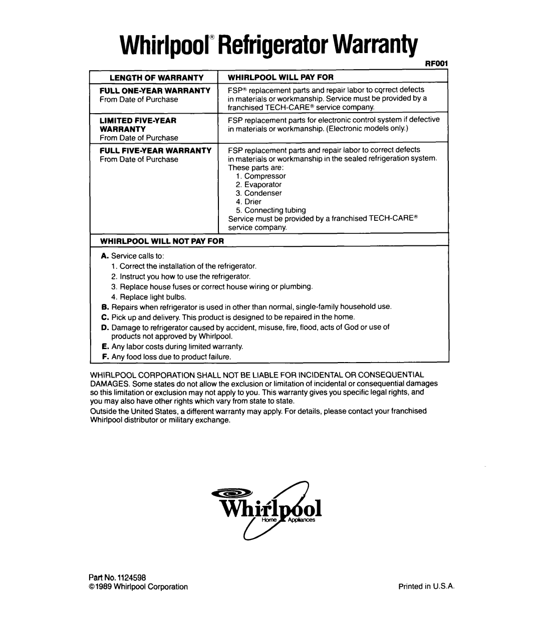 Whirlpool ETl4CC manual Whirlpool”RefrigeratorWarranty, Part No 