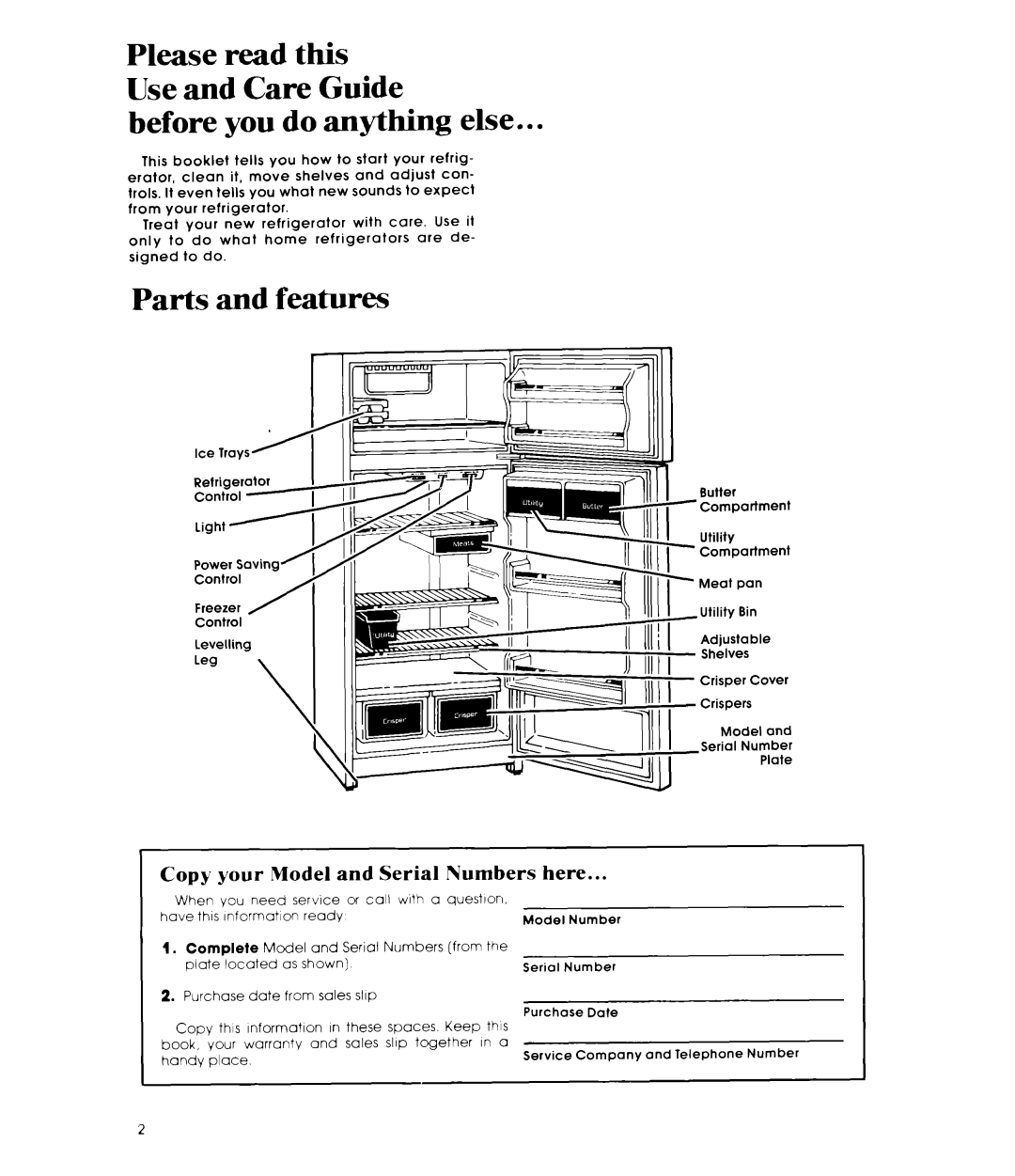 Whirlpool ETl4EK manual Before you do anything else, Parts and features, Copy your Model and Serial Numbers here, Leg 