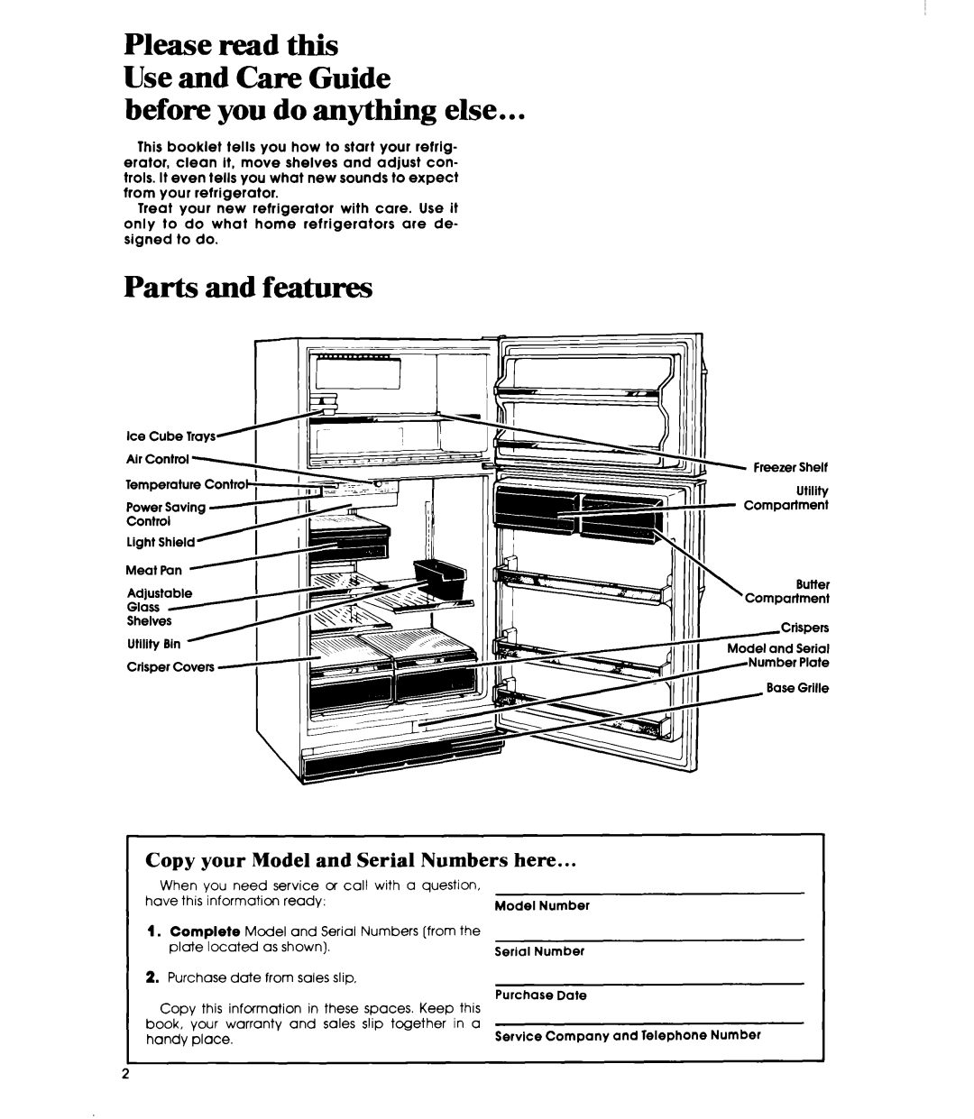 Whirlpool ETl4EP manual Before you do anything else, Parts and features, Copy your Model and Serial Numbers here 