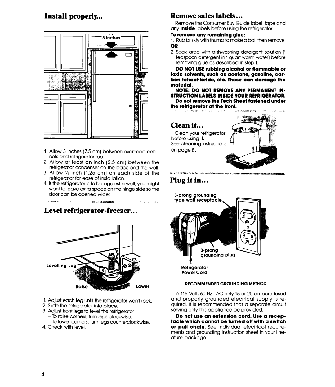 Whirlpool ETl4EP manual Install Properly Remove sales labels, Level refrigerator-freezer, Clean it 