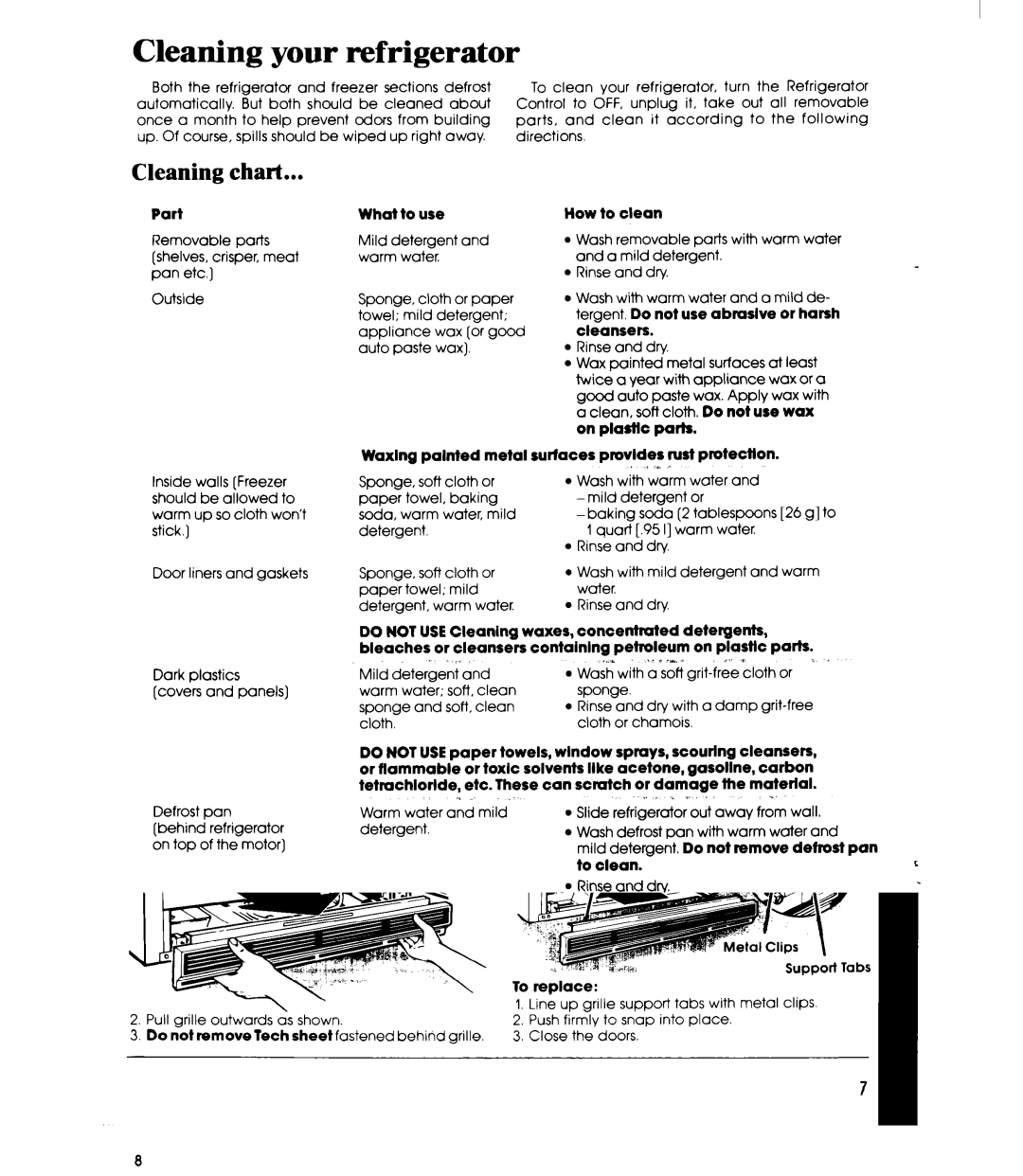 Whirlpool ETl4EP manual Cleaning your refrigerator, Cleaning chart 