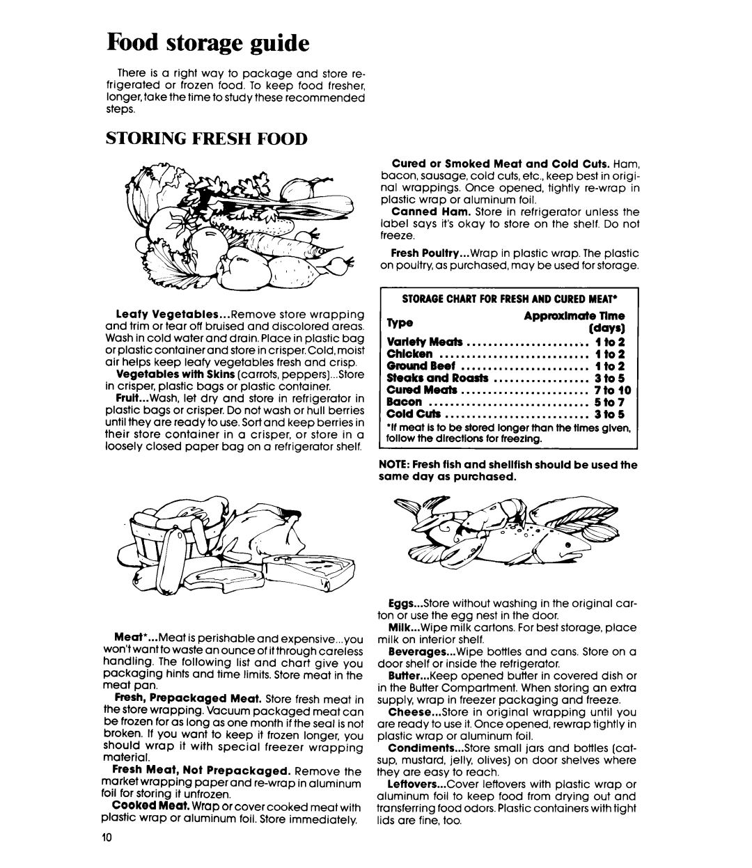 Whirlpool ETl4JM manual Food storage guide, Storagechartforfreshandcuredmeat 