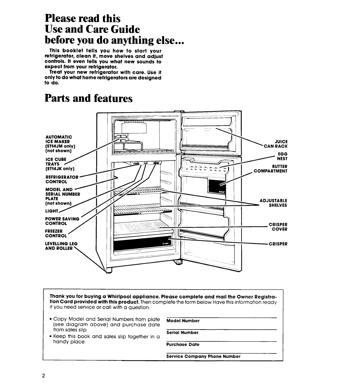 Whirlpool ETl4JM manual Before you do anything else, Parts and features 