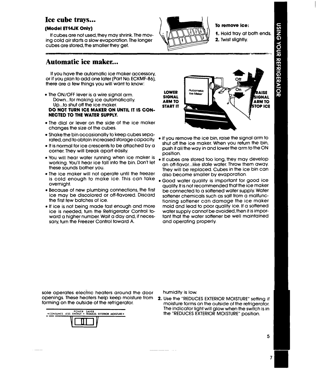 Whirlpool ETl4JM manual Ice cube trays, Automatic ice maker 