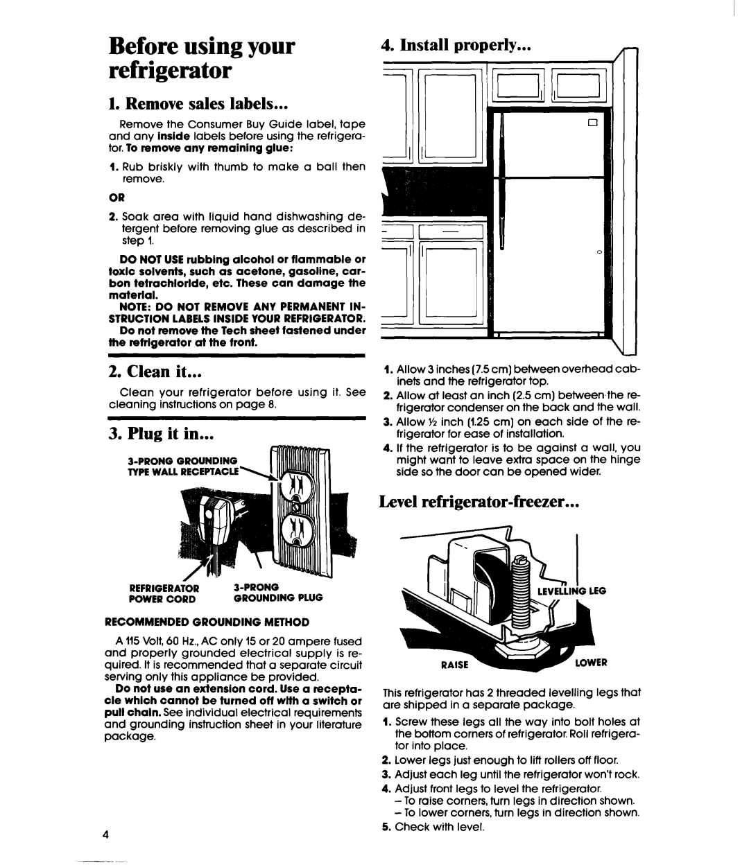 Whirlpool ETl4JM manual Before using your refrigerator, Remove sales labels, Install properly, Clean it, Plug- it in, 1II-l 