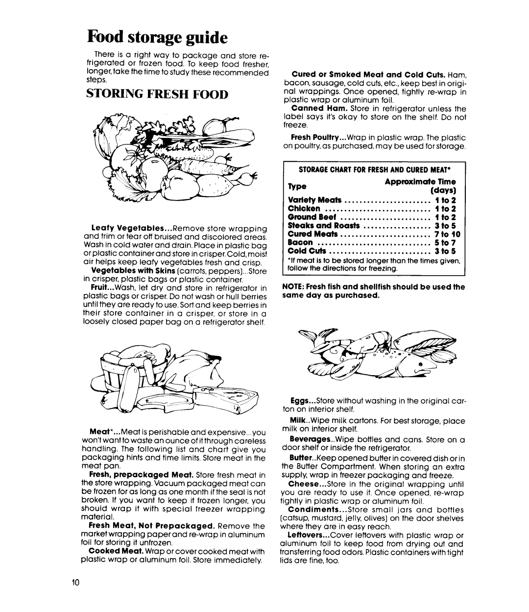 Whirlpool ETl6AK manual Food storage guide, Paper and re-wrap, Foil for storing it unfrozen, Wrap or cover cooked meat 