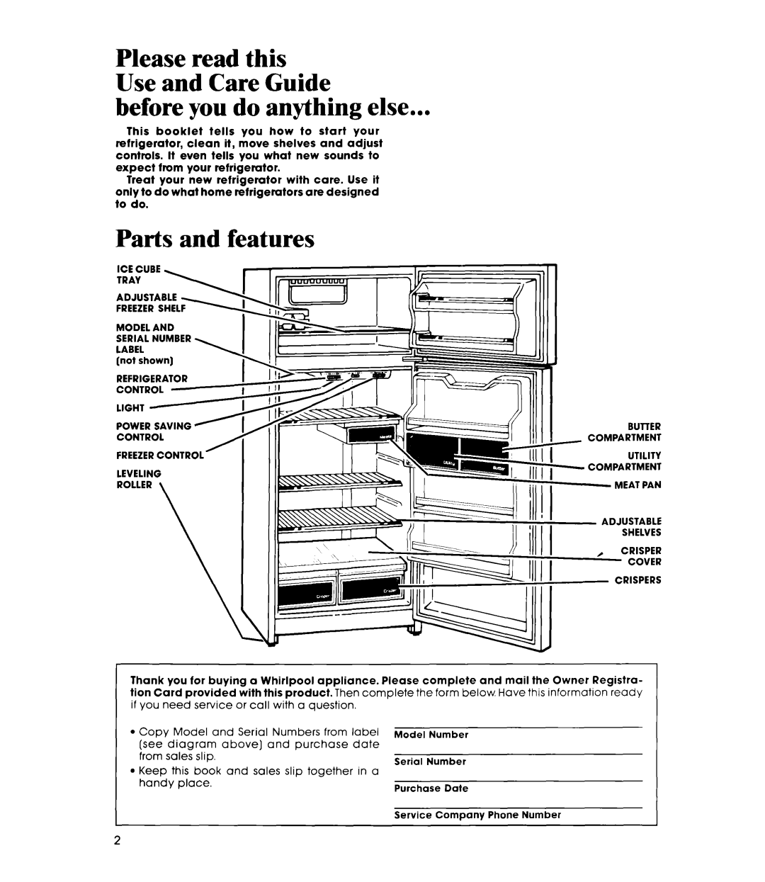 Whirlpool ETl6AK manual Before you do anything else, Parts and features 