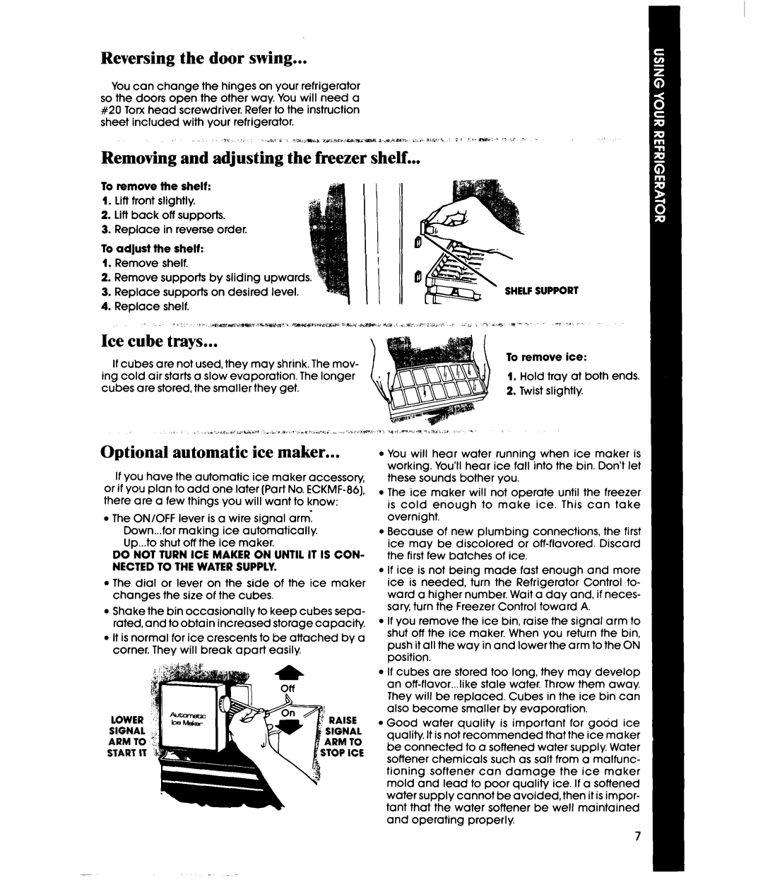 Whirlpool ETl6AK manual Reversing the door swing, Ice cube trays, Optional automatic ice maker 