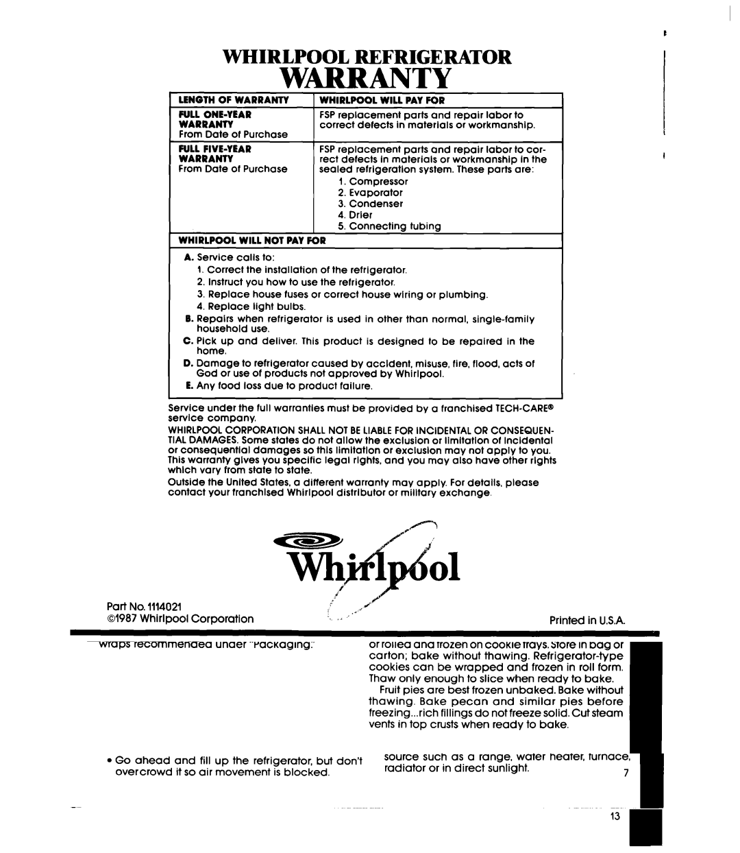 Whirlpool ETl6JK manual WmANTY 