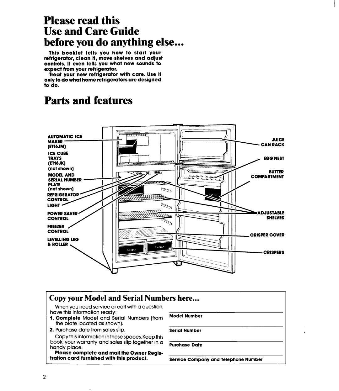 Whirlpool ETl6JK manual Copy your Model and Serial Numbers here 