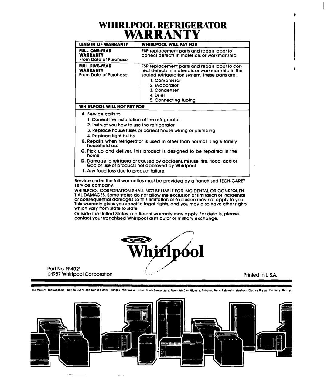 Whirlpool ETl6JK manual Whirlpool, Refrigerator, WmANTY 