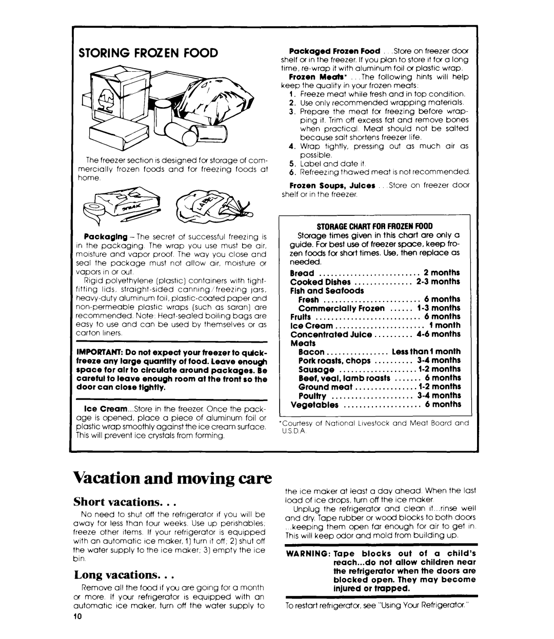 Whirlpool ETl6XK manual Vacation and moving care, Short vacations, Long vacations, Usda 