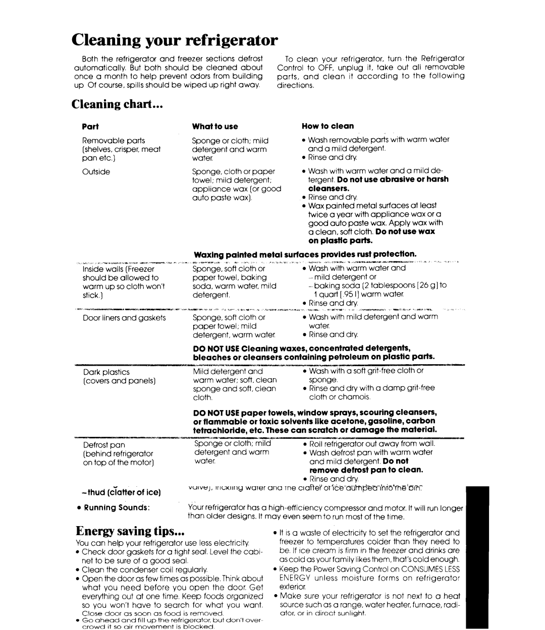 Whirlpool ETl6XK manual Cleaning your refrigerator, Cleaning chart 