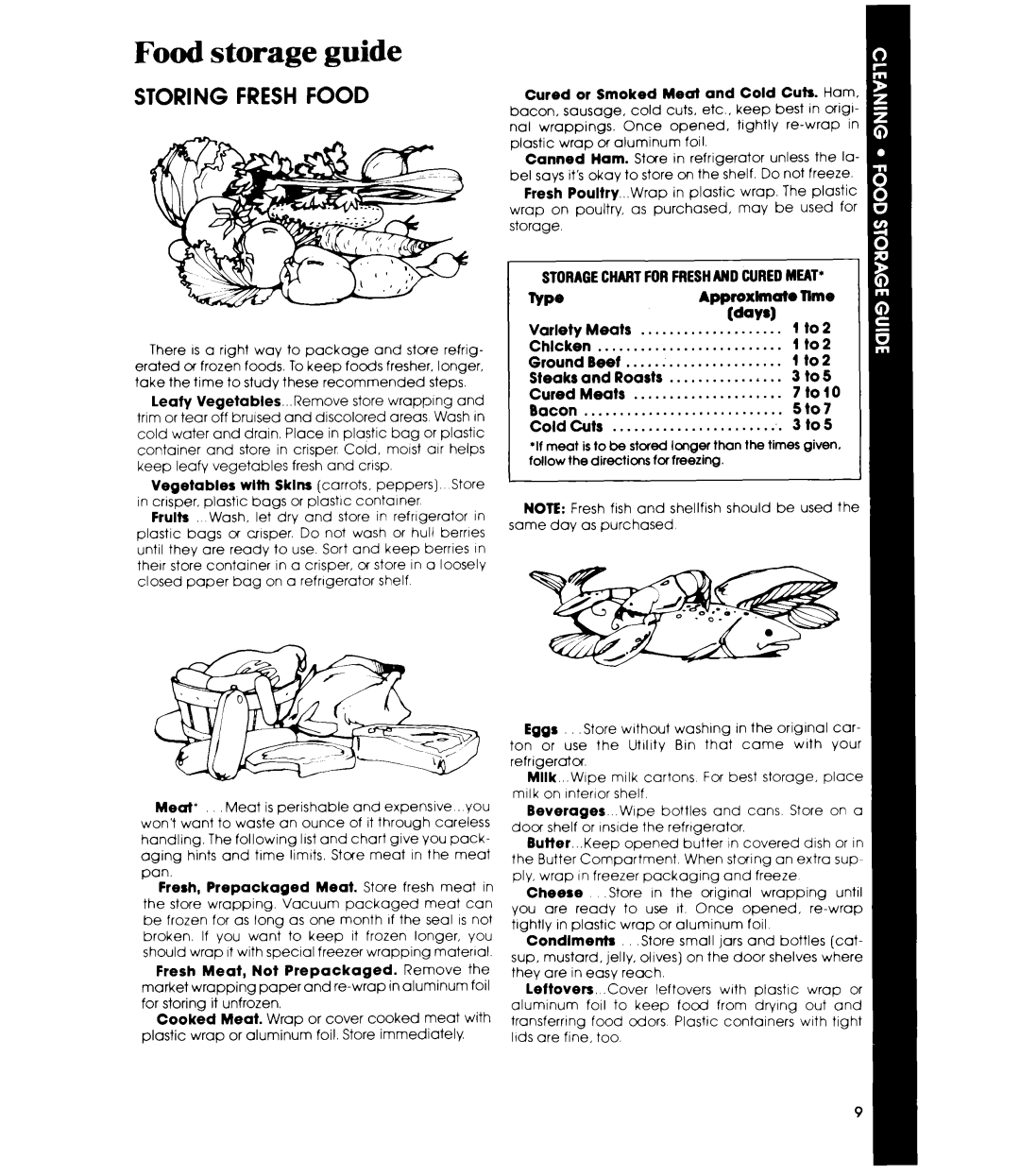 Whirlpool ETl6XK manual Food storage guide, Storagechartforfreshand Curedmeat 