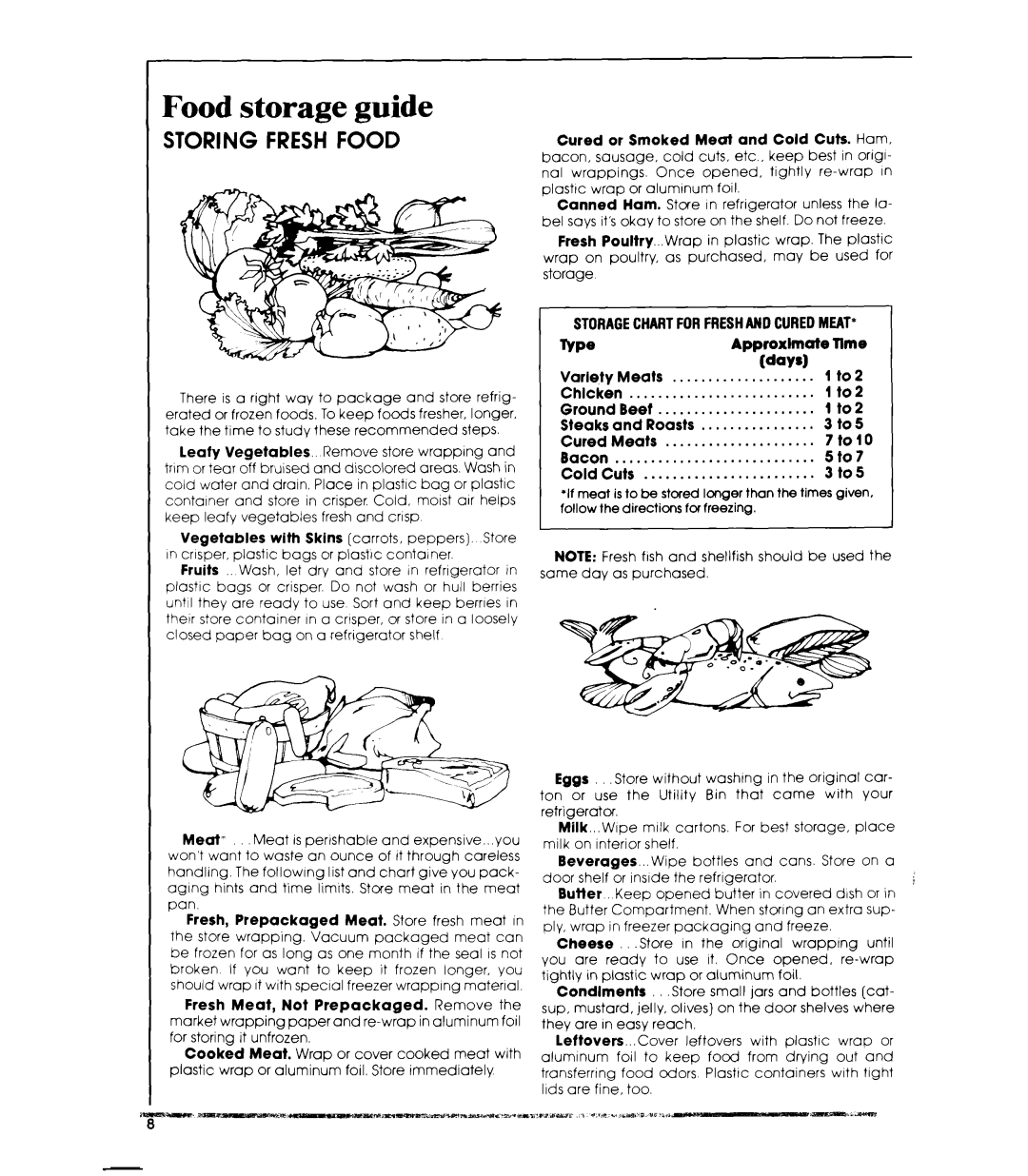 Whirlpool ETl7HK manual Food storage guide, STORAGECHARTFORFRESHAN0CUREDMEAT 