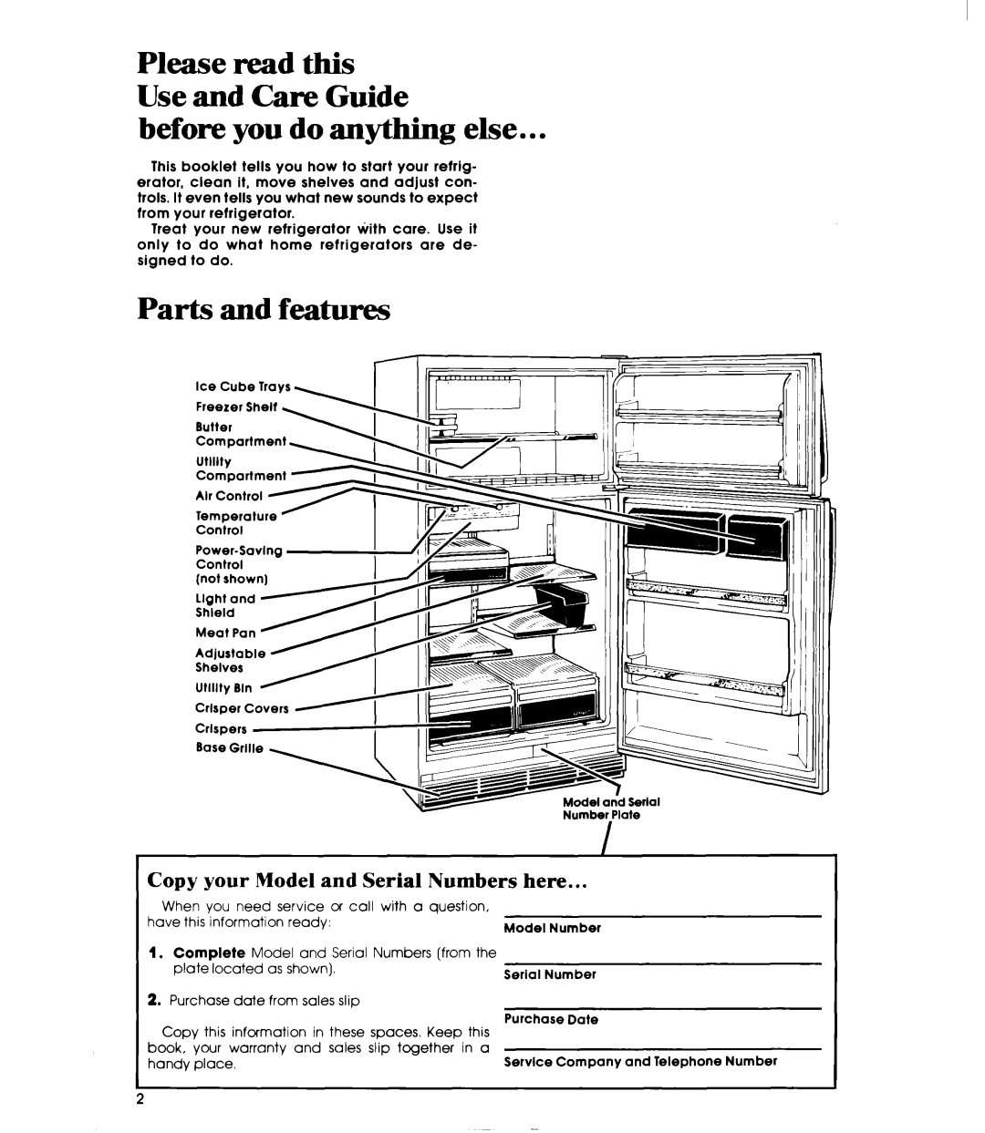 Whirlpool ETl7HK manual Before you do anything else, Parts and features, Copy your Model and Serial Numbers here 