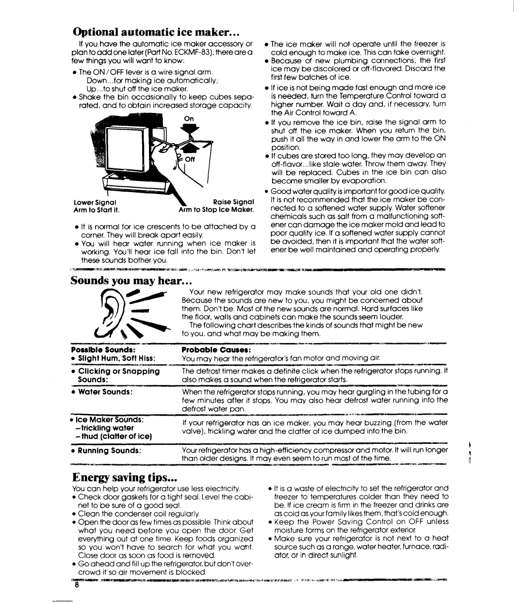 Whirlpool ETl7HK manual Optional automatic ice maker, Energy saving tips, Possible Sounds, Probable Causes 