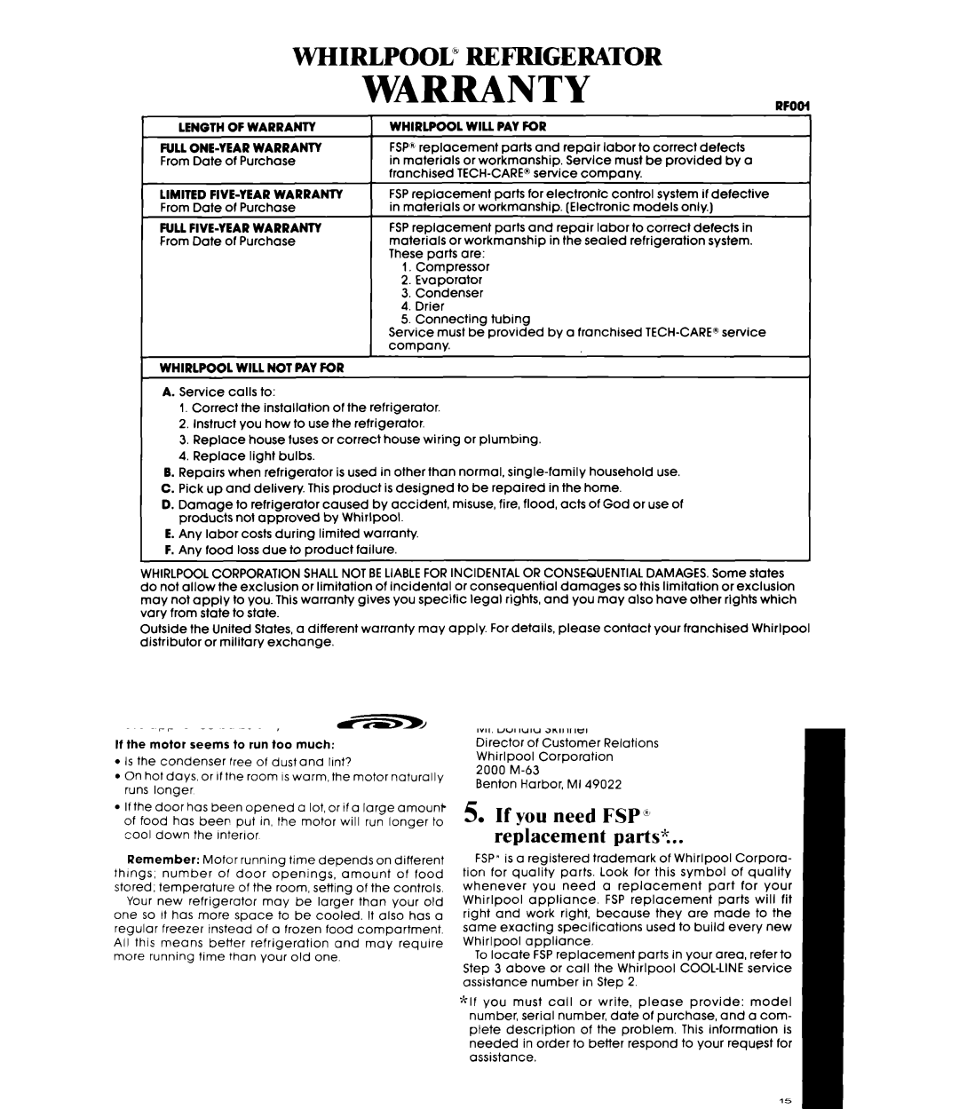 Whirlpool ETl8AK manual Warranty 