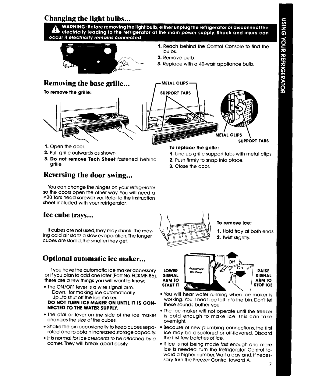 Whirlpool ETl8AK manual Removing the base grille, Reversing the door swing, Ice cube trays, Optional automatic ice maker 